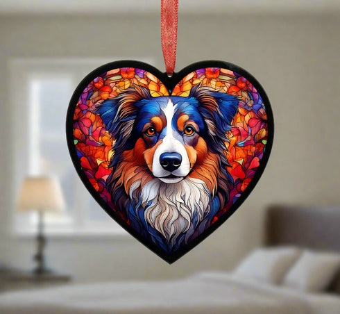 Australian Shepherd Stained Glass Effect Heart Suncatcher